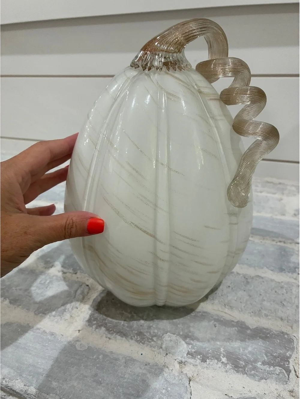 Handblown Glass White Pumpkin Decorative Figurine with Curled Stem